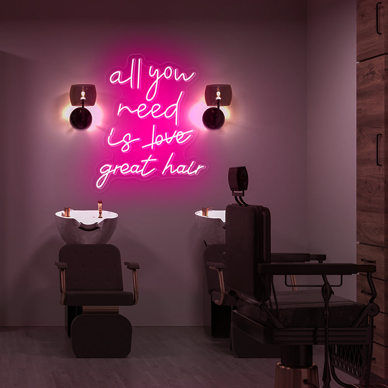 all you need is (love) great hair is deep pink at hair salon. Hair salon neon signage produced by Neon Party Australia