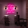 all you need is (love) great hair is deep pink at hair salon. Hair salon neon signage produced by Neon Party Australia