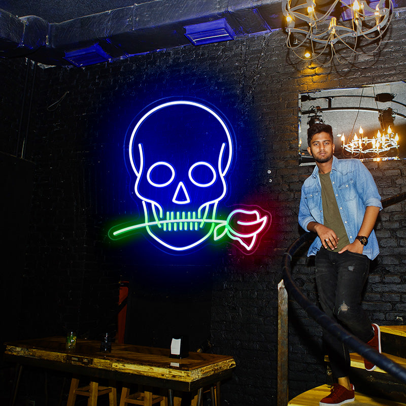 Skull with a rose in the teeth LED neon sign