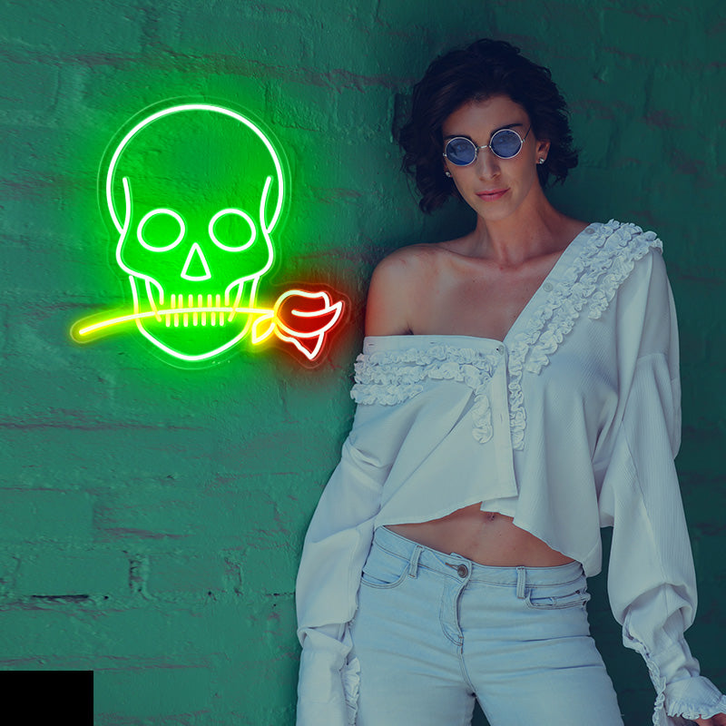 Skull with a rose in the teeth LED neon sign