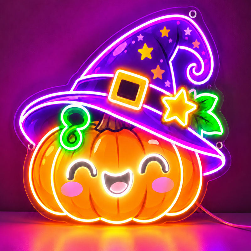 Cute Pumpkin & Witch Hat Neon Sign
