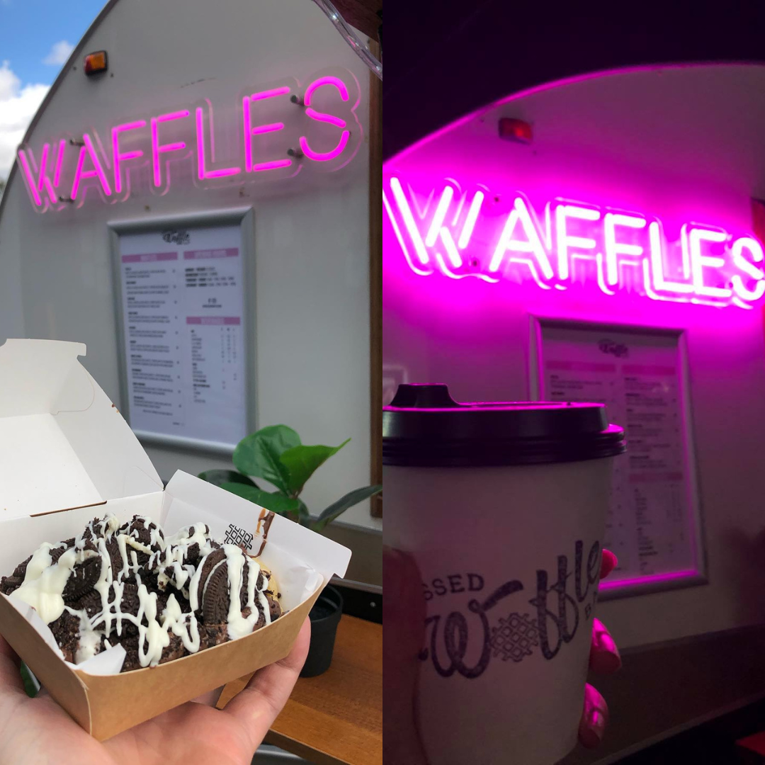 WAFFLES pick neon sign. The left image is the WAFFLES neon sign in the day time. On the right side is the WAFFLES neon sign at night. 