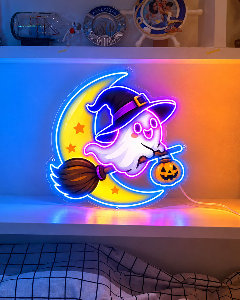 Cute Witch Ghost & Moon Halloween Neon Sign