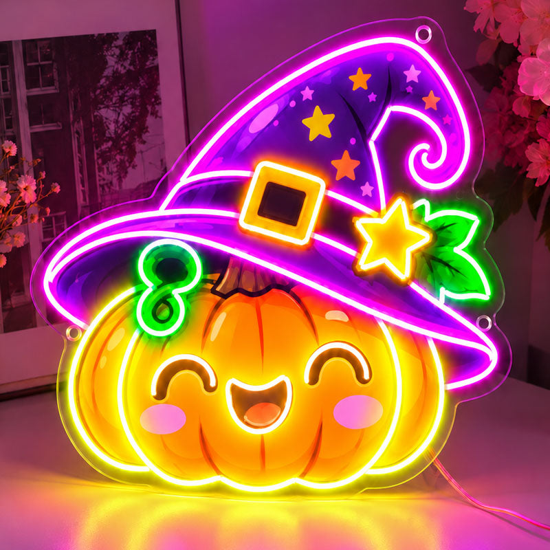 Cute Pumpkin & Witch Hat Neon Sign