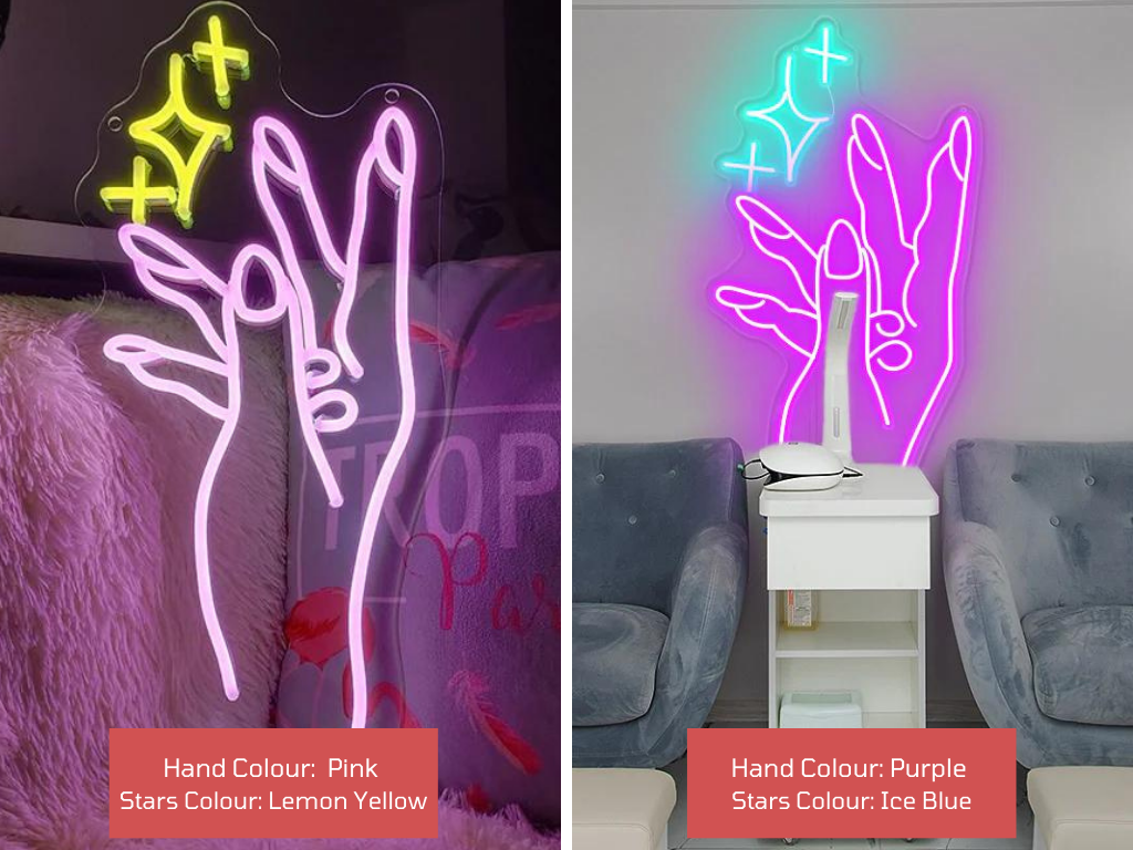 2 Manicure LED neon lights in different colours and sizes. 1st light is in pink and lemon yellow. 2nd light is in purple and ice blue. 