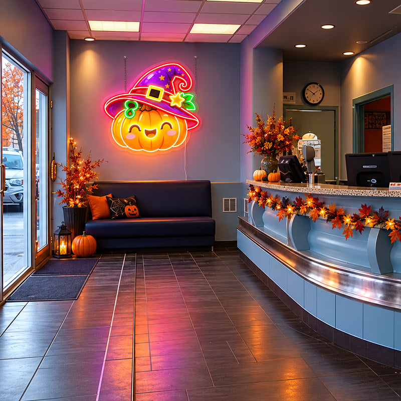 Cute Pumpkin & Witch Hat Neon Sign