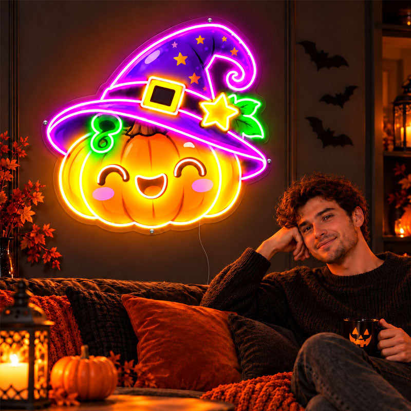 Cute Pumpkin & Witch Hat Neon Sign