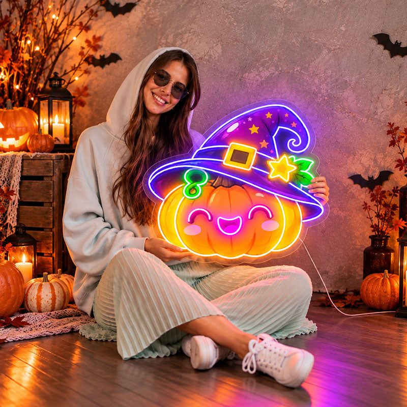 Cute Pumpkin & Witch Hat Neon Sign