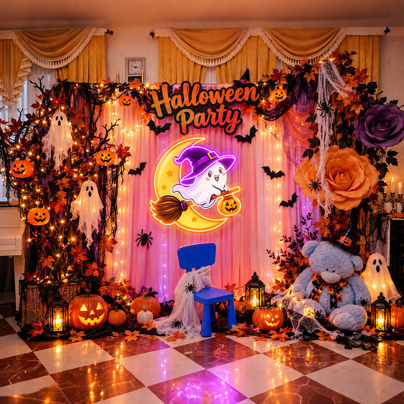 Cute Witch Ghost & Moon Halloween Neon Sign