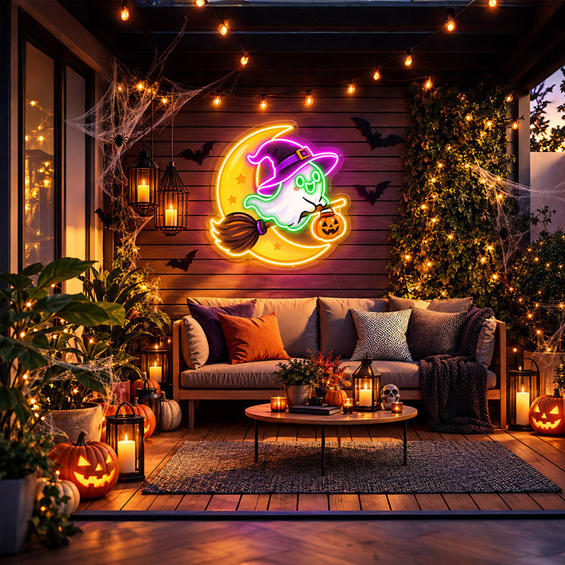 Cute Witch Ghost & Moon Halloween Neon Sign