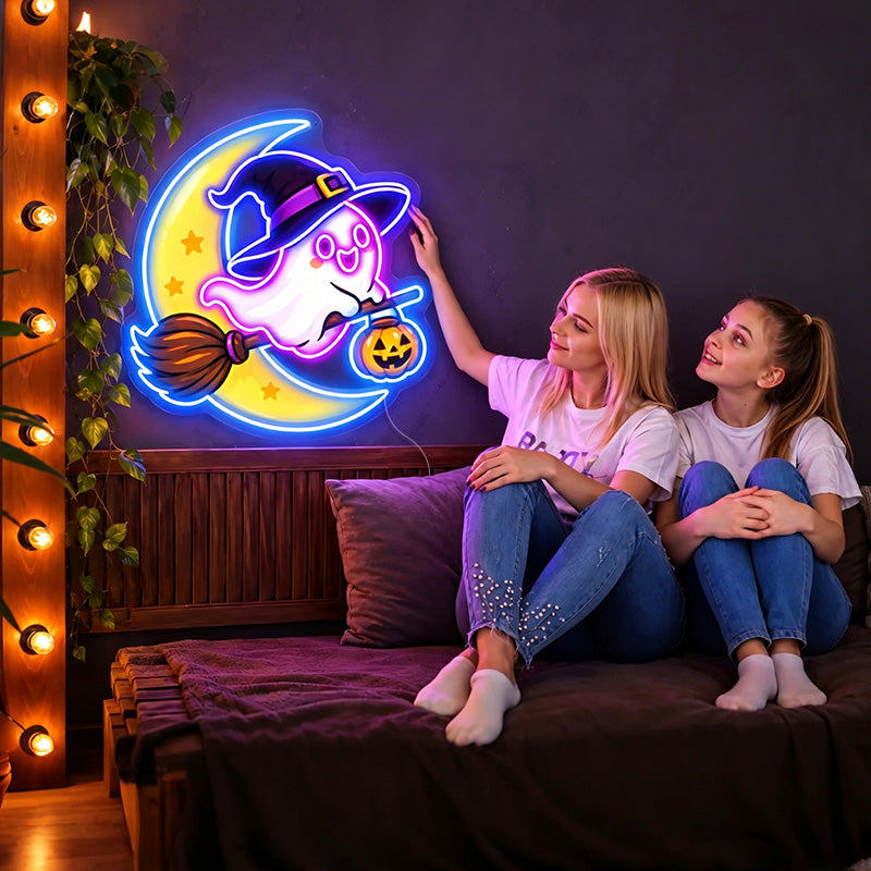 Cute Witch Ghost & Moon Halloween Neon Sign