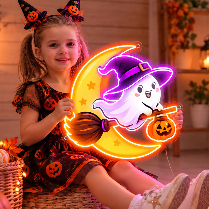 Cute Witch Ghost & Moon Halloween Neon Sign