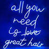 all you need is (love) great hair neon light in deep blue. This barber quote neon light is produced by Neon Party Australia