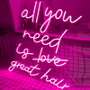 all you need is (not love) great hair neon sign in deep pink. Hair Salon sign produced by Neon Party