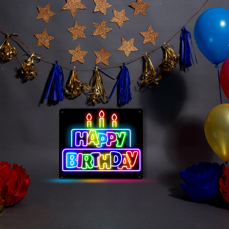 Colourful Happy Birthday Cake with Canndles Neon Light