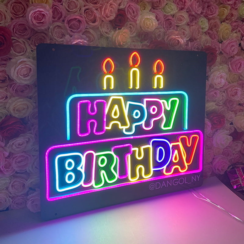 Colourful Happy Birthday Cake with Canndles Neon Light