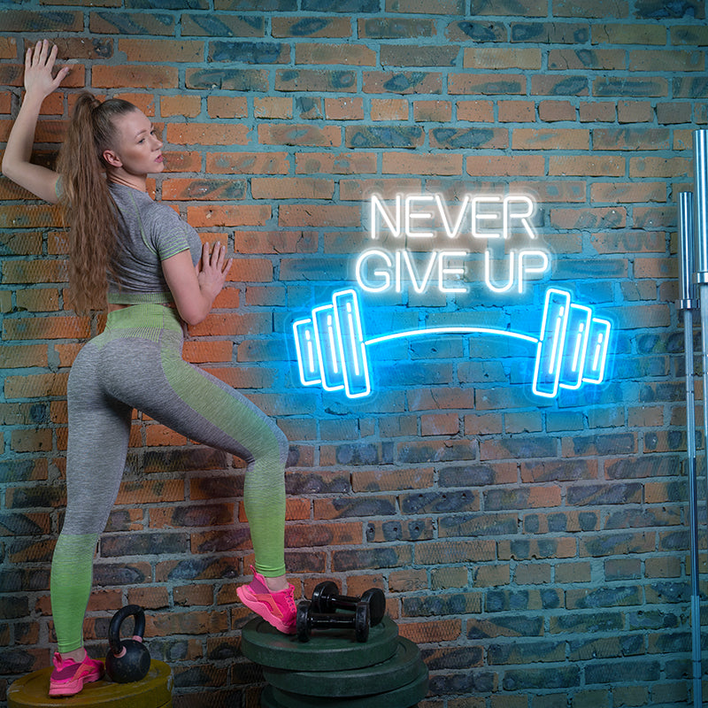 Never Give Up Dumbbell Neon Sign